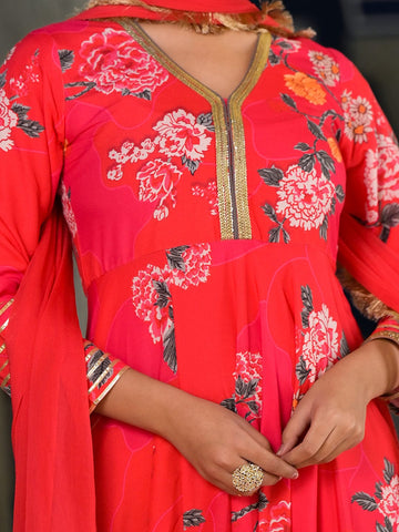 Varanga Pink Floral Printed V Neck Anarkali Kurta Paired With Tonal Chiffon Dupatta With Fringes